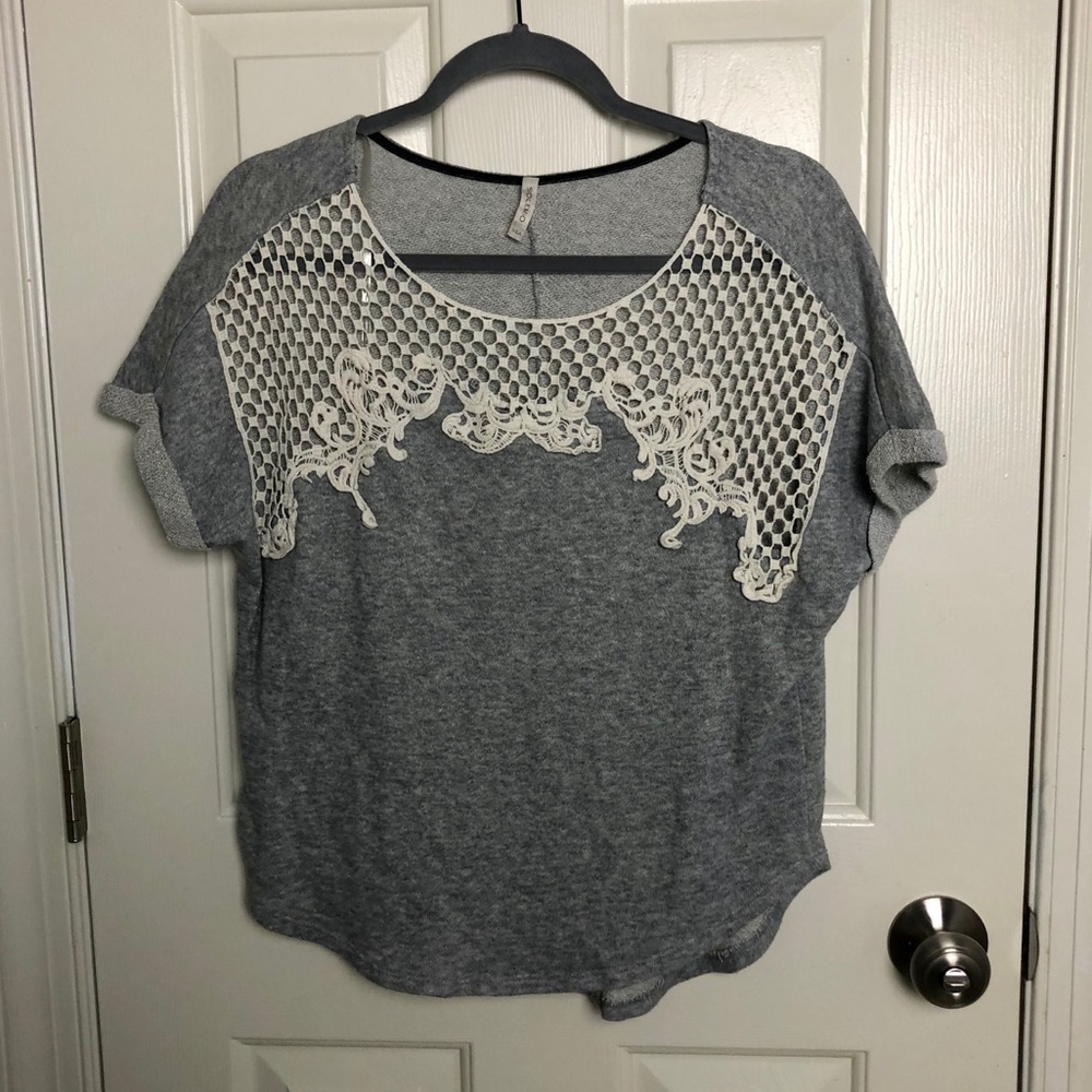 Solemio Heather Grey Top w/ Macrame Neckline